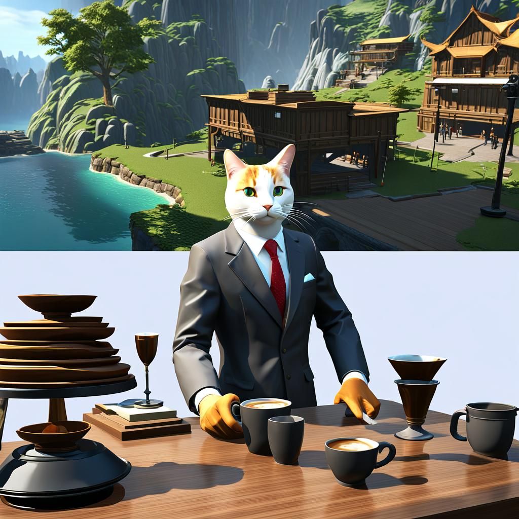 Calico Cat dressed in a dark brown business suit standing on...