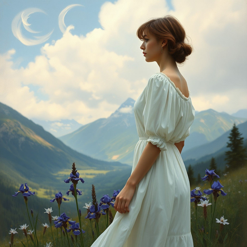 Woman Gazing at Iris Valley in Dreamy Landscape