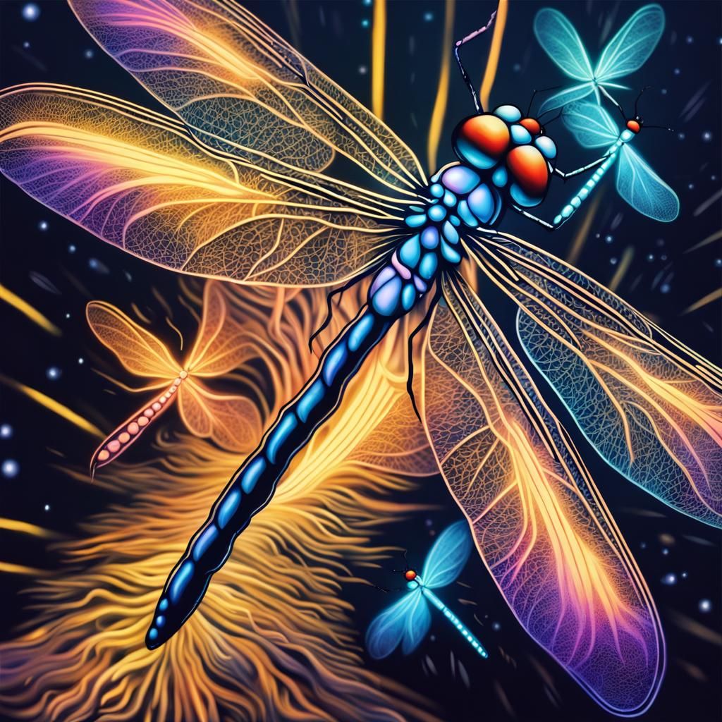 dragonflies swirling around trails of lights wisping hyperdetailed ...