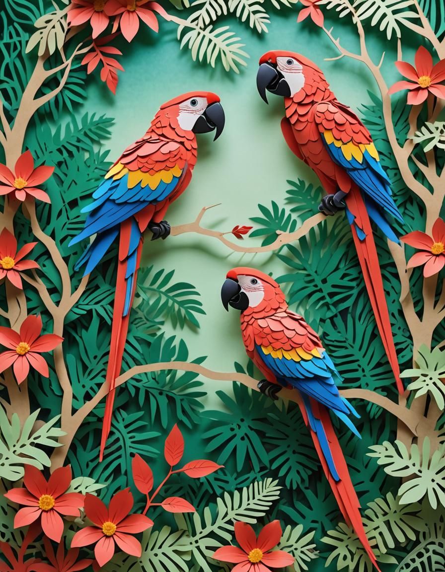 Kirigami, Rainforest With Scarlet Macaws  by @John