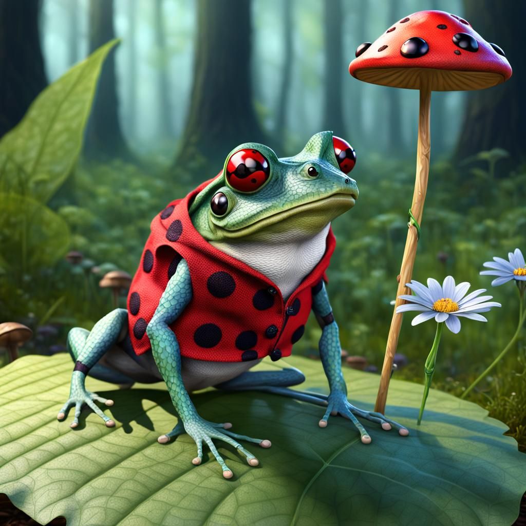 long-legged frog with clothes and stick with cloth bag with ladybug ...