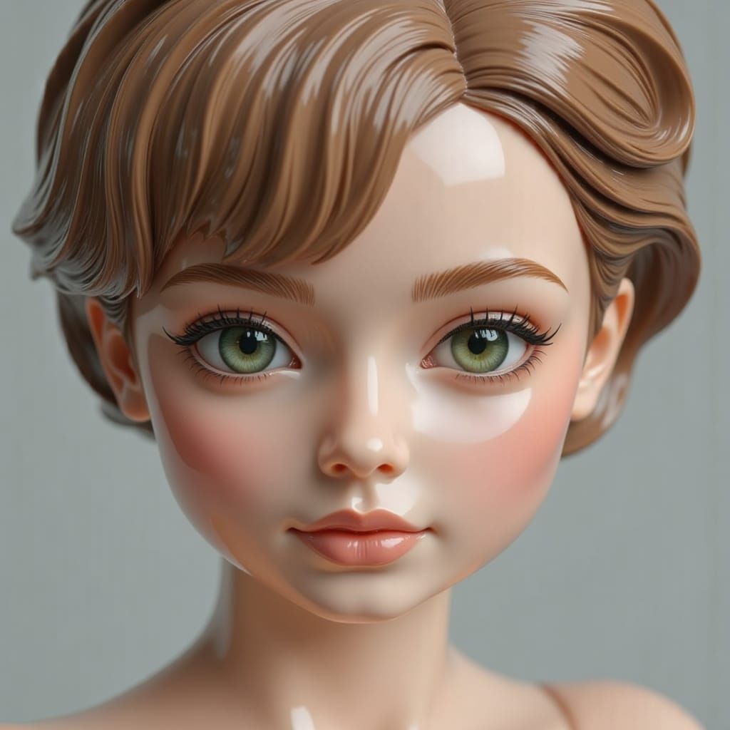 <lora:Liquid Gloss:1.2> a beautiful glossy porcelain doll with a square-shaped face and pleasing symmetrical facial features with glossy por...