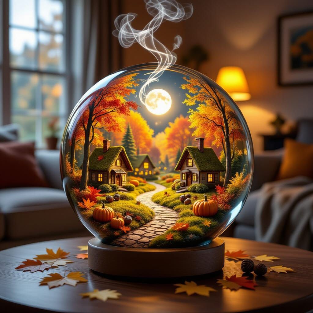 Realistic photo artwork featuring a glass orb on a wooden table in a cozy living room setting. The large, elongated orb contains a miniature...