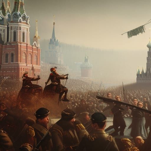 Bolshevik revolutionaries overthrowing the Tsar in Russia AI