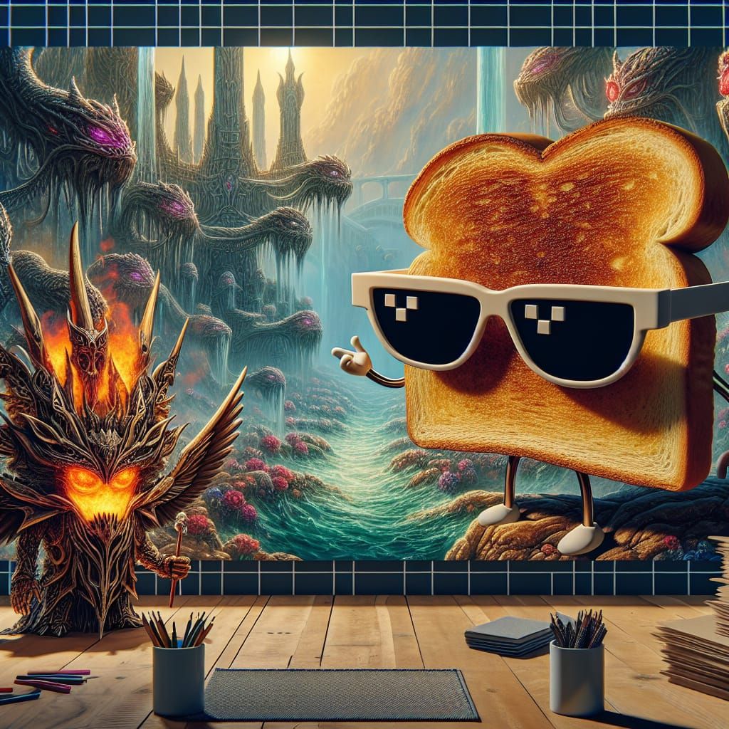 Two pieces of anthropomorphized toast.One is wearing sunglas...