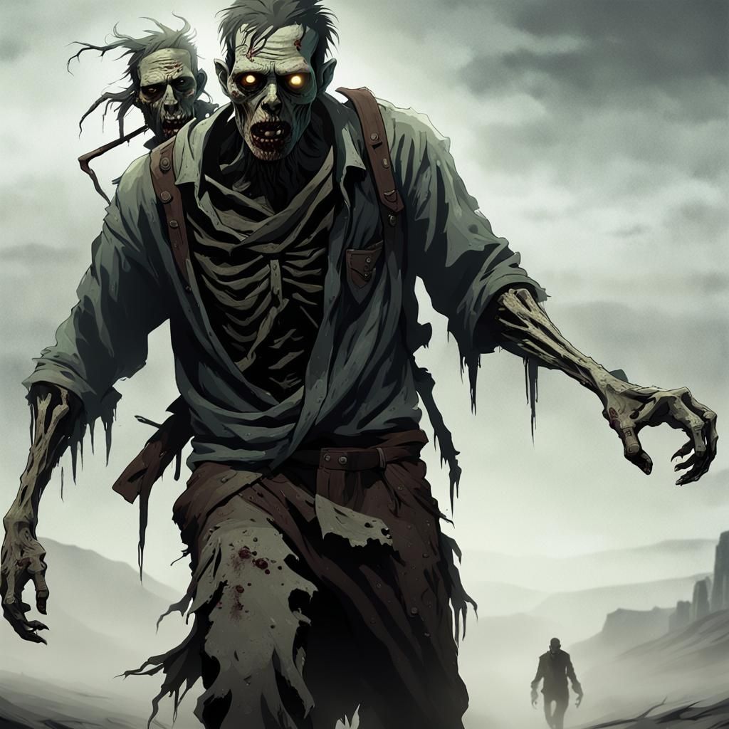 Zombie walking in a foggy wasteland