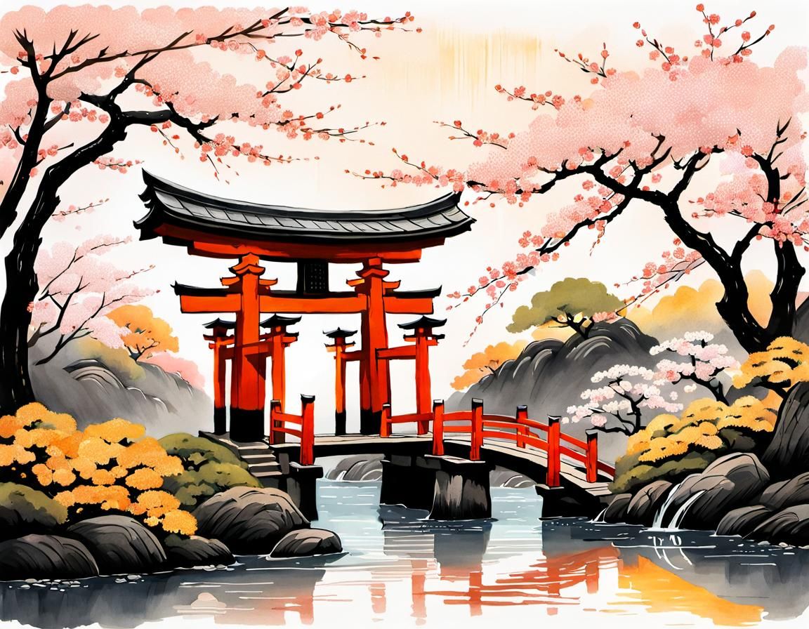 Torii Gate in Ukiyo-e Ink Drawing Style