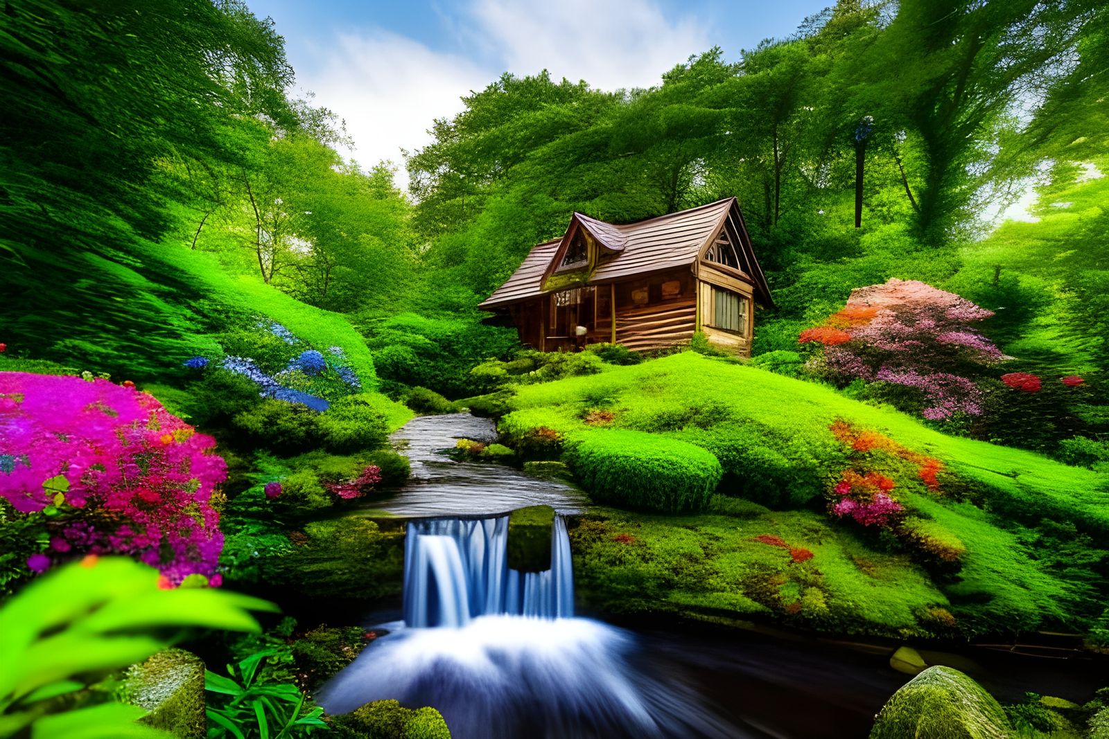 *S23* "Photograph of enchanted cottage in lush forest with f...