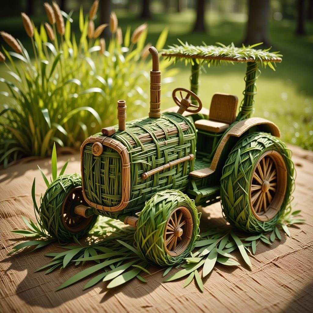 <lora:flax:1.0> toy tractor crafted from green stems and leaves of various grasses