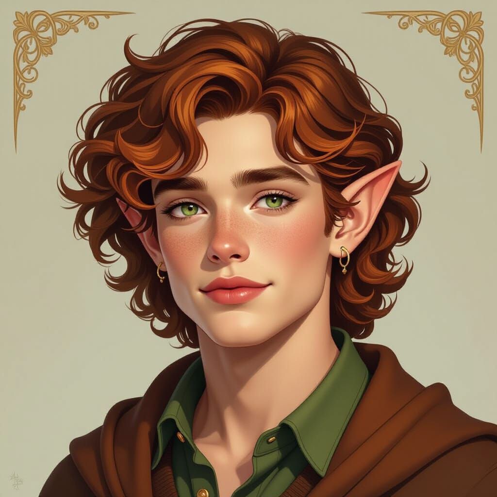 A seventeen-year-old boy with a feminine, clear face covered in freckles. His wavy and curly hair reaches just below his shoulders. It's che...