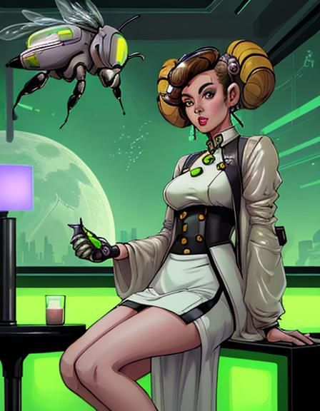 Retrofuturism, female robot with bee hive hair style in Nehr...
