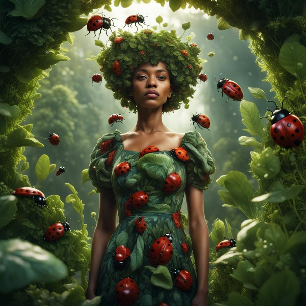 A young woman in a floral dress surrounded by green plants a...