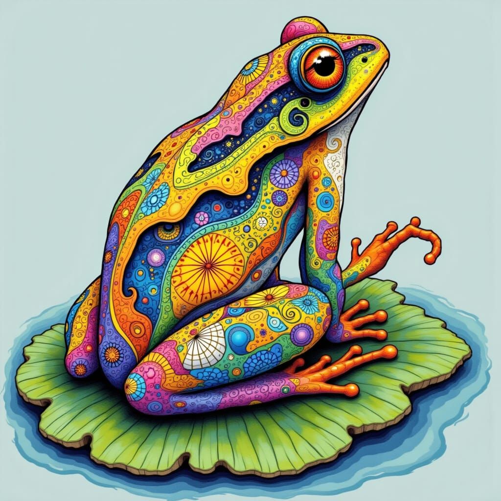 A whimsical, intricately patterned zentangle frog, with swirling shapes and lines, sits serenely on a teardrop shaped lily pad. <lora:Neuvea...