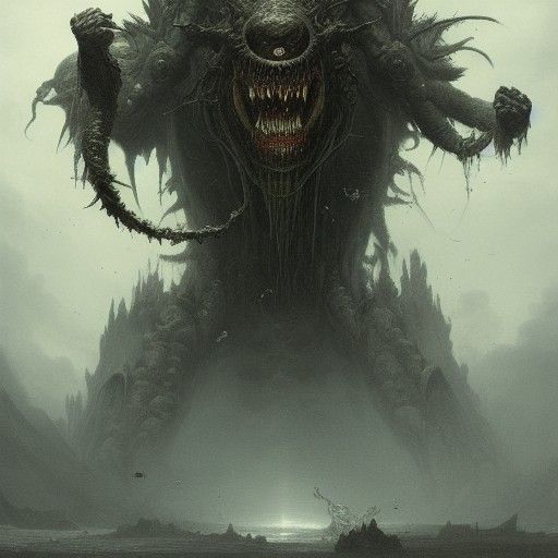 gigant monster with human arms and many eyes with a long tongue horror ...