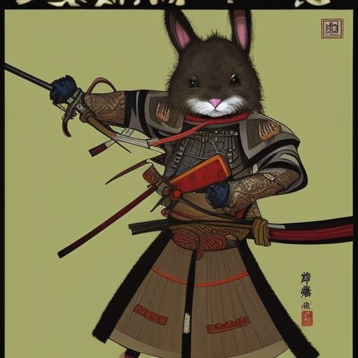 cute, fluffy samurai rabbit with a Javanese armor. The rabbit has long ...