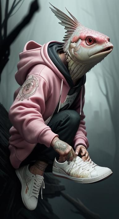 Cute adorable anthropomorphic pink fish wearing white hoodie...
