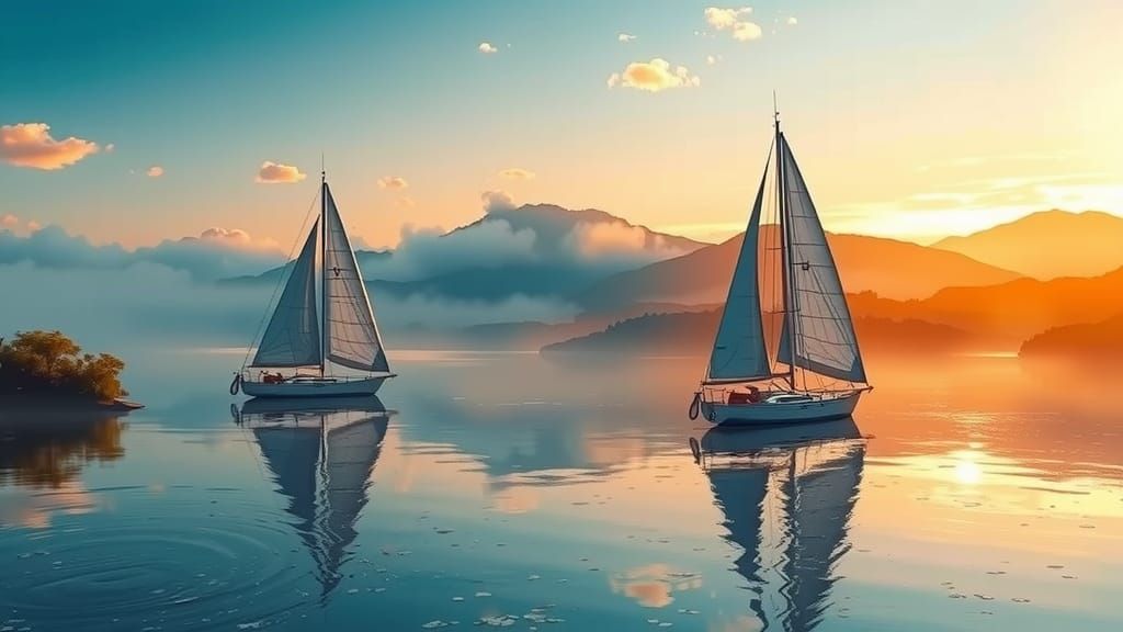 A depiction of a serene morning with sailboats gliding over a mirror-like lake. parallax, elegant, 8k resolution concept art, Sketchfab, act...