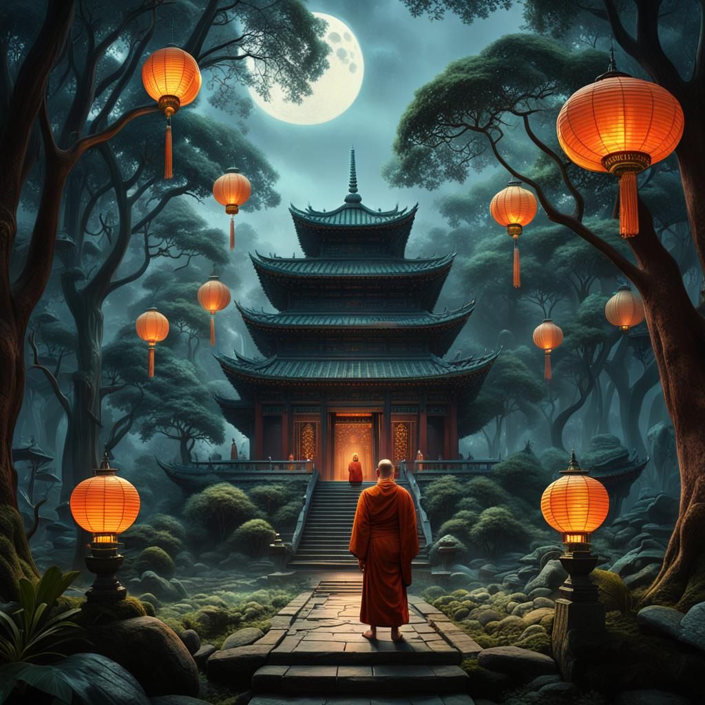 Ethereal Buddhist Monk in a Moonlit Garden