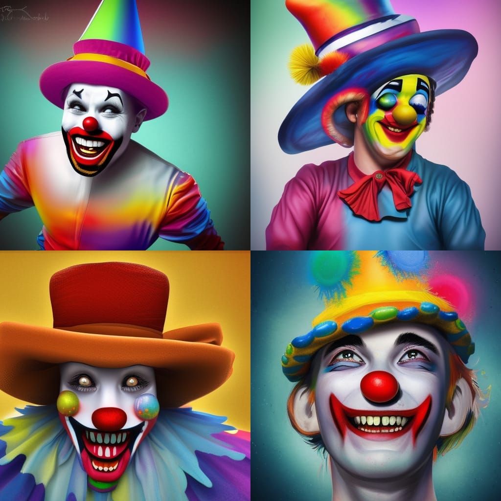 Cheerful clown with beautiful hat Hyperrealistic, splash art, concept ...