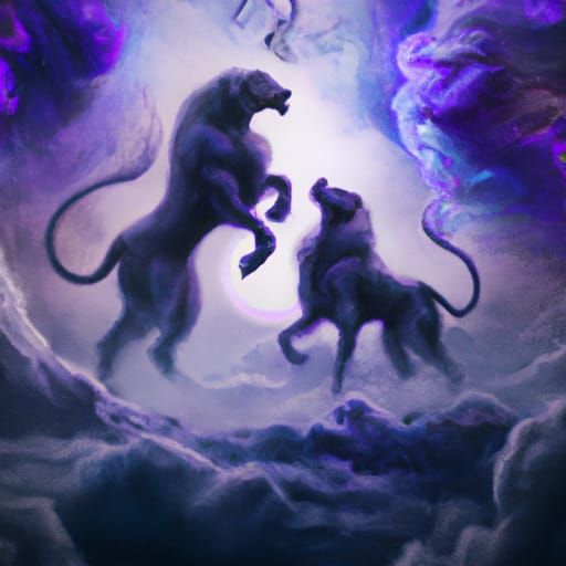 Cerberus fighting zeus in the clouds detailed matte painting...