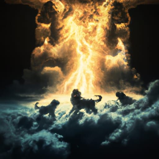 Cerberus fighting zeus in the clouds detailed matte painting...