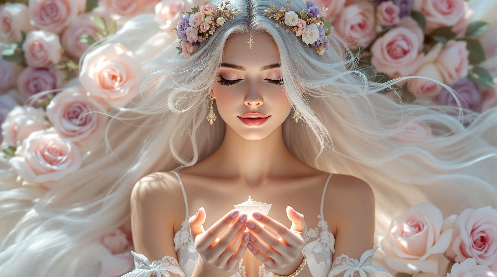 Libra ** An ethereal woman with scales balanced gracefully in her hands, surrounded by blooming roses and bathed in harm...