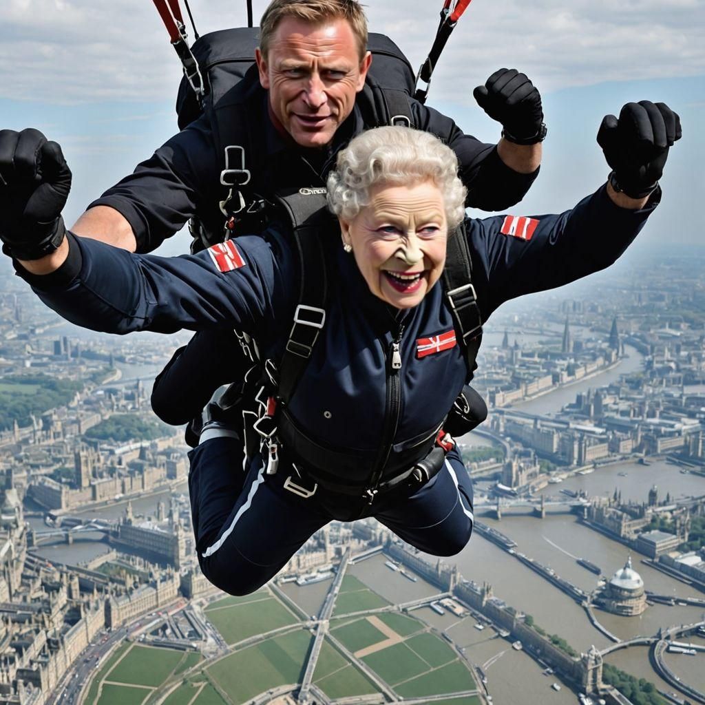 "Queen Elizabeth II" skydiving with James Bond over London  by @Gonzo_The_Great