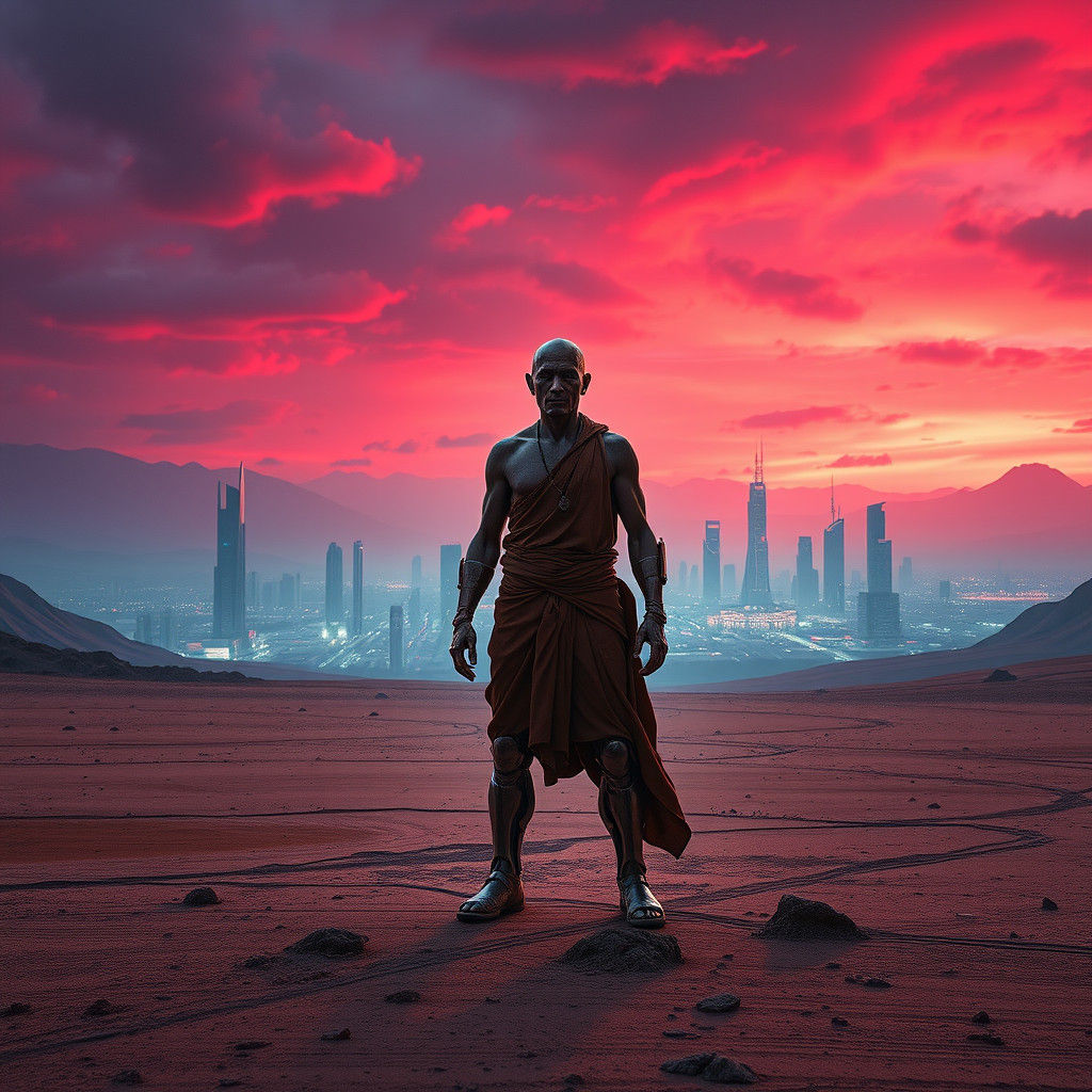 Cyberpunk Monk in Desolate Futuristic Cityscape