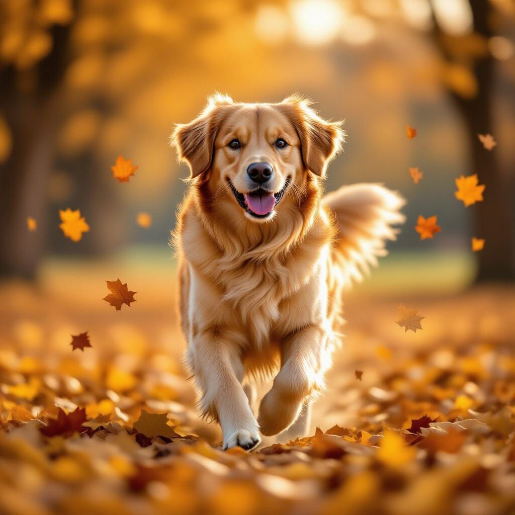 Golden Retriever Runs Through Autumn Leaves