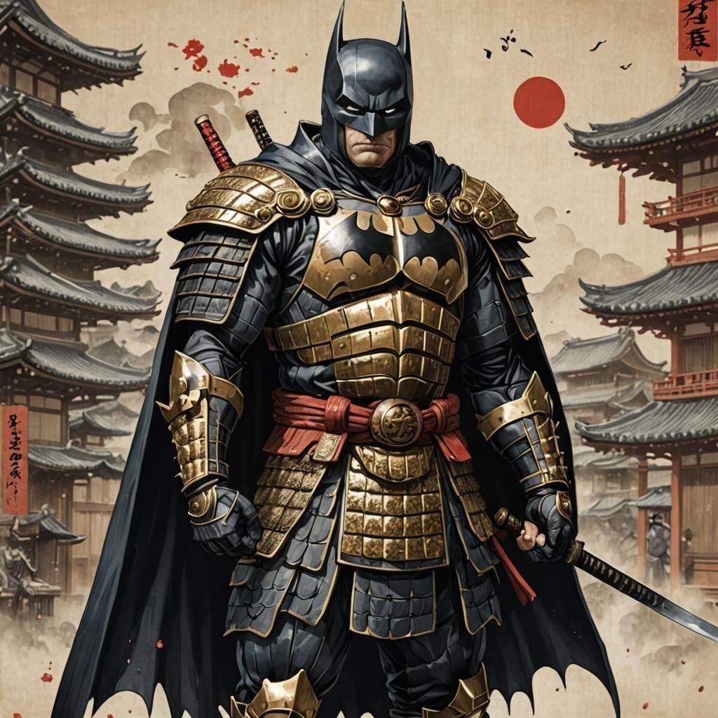 Batman dressed in Shogun attire in feudal Japan.
