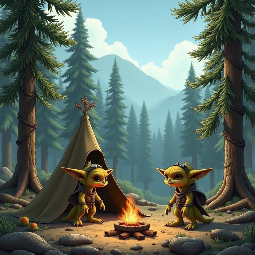 <lora:Ickwonaughts:1.0> A family of Ickwonaughts setting up Camp in an opening in a Birch Forest with dense Ponderosa Pine forest in the bac...