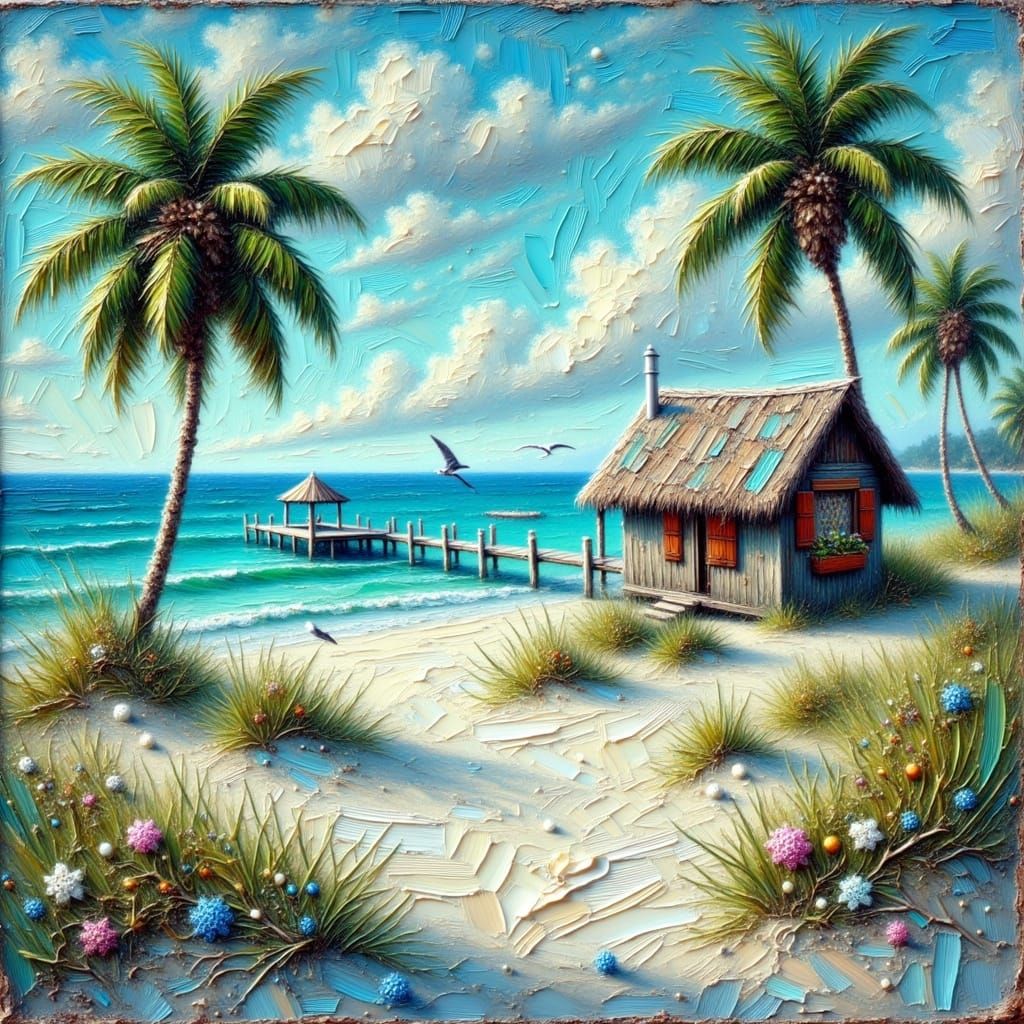 <lora:Encaustic Impasto:1.1> beach cottage blue water white sand pier seagull Encaustic painterly Impasto  