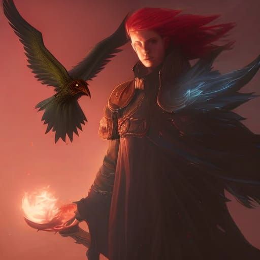 Male warlock aasimar with red hair, with pet crow - AI Generated ...