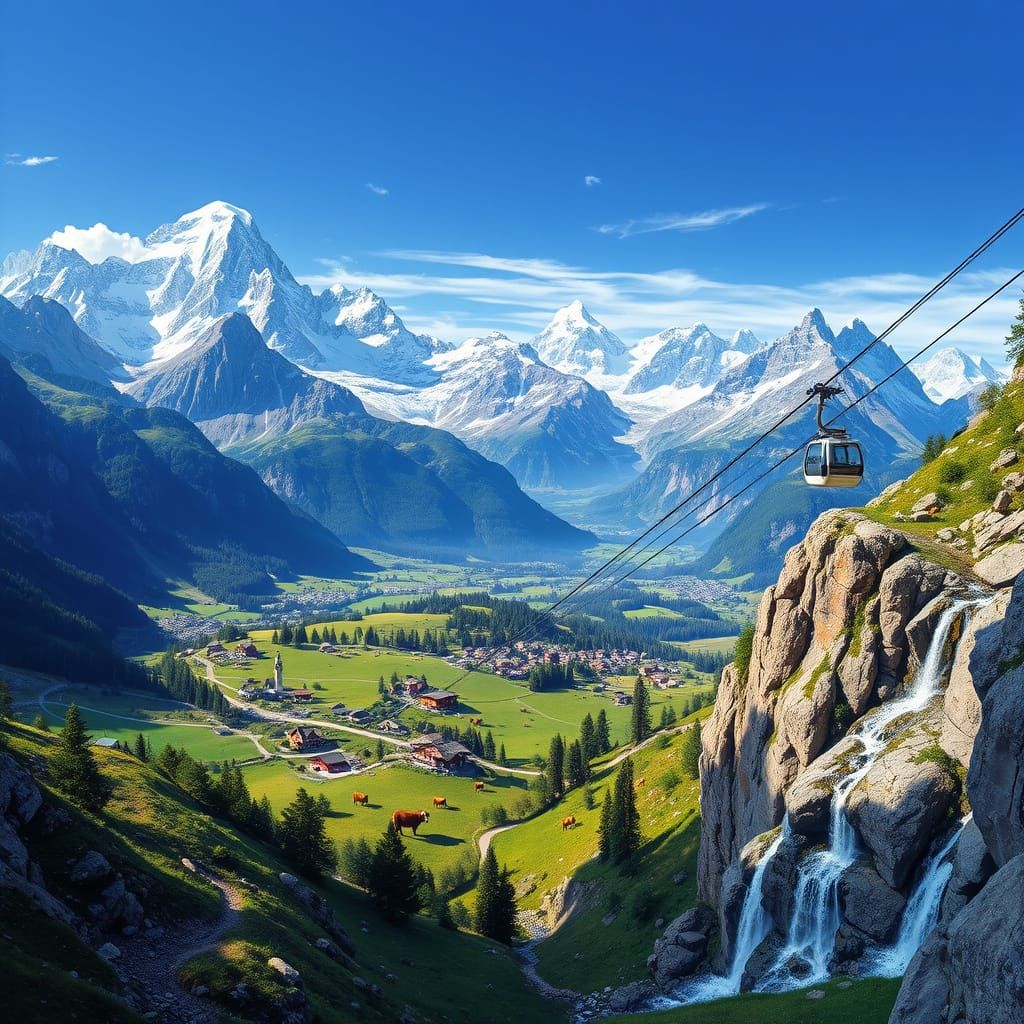 Create a visually stunning scene inspired by the Alps. Focus on the dramatic peaks, snowy slopes, and ...  by @Savoir Khaven