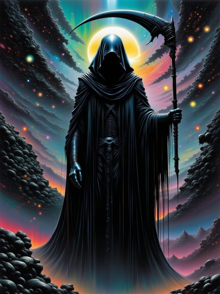 The grim reaper with a scythe in space <lora:RDWave 2:1.0> 