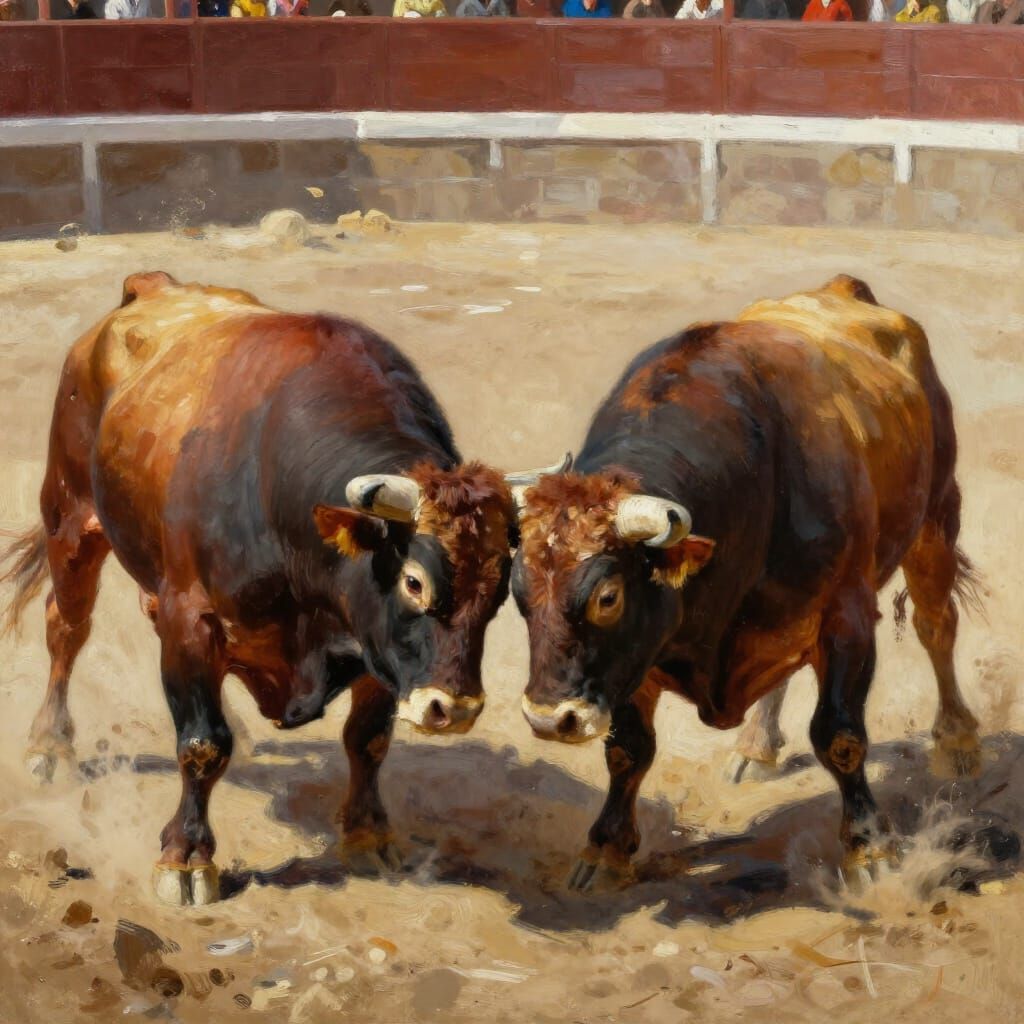 Two Bulls Fight Fiercely in Dusty Arena Oil Painting