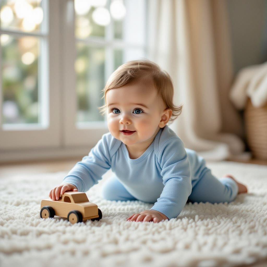 Cute Baby Crawling on Rug with Toy Car
