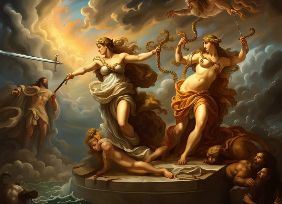 Painting of Athena drawing sword while Poseidon is holding