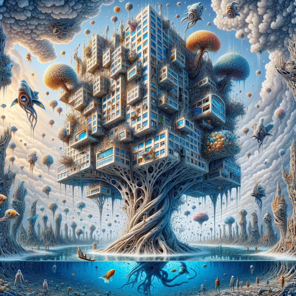 Surreal Upside-Down Building with Flying Fish