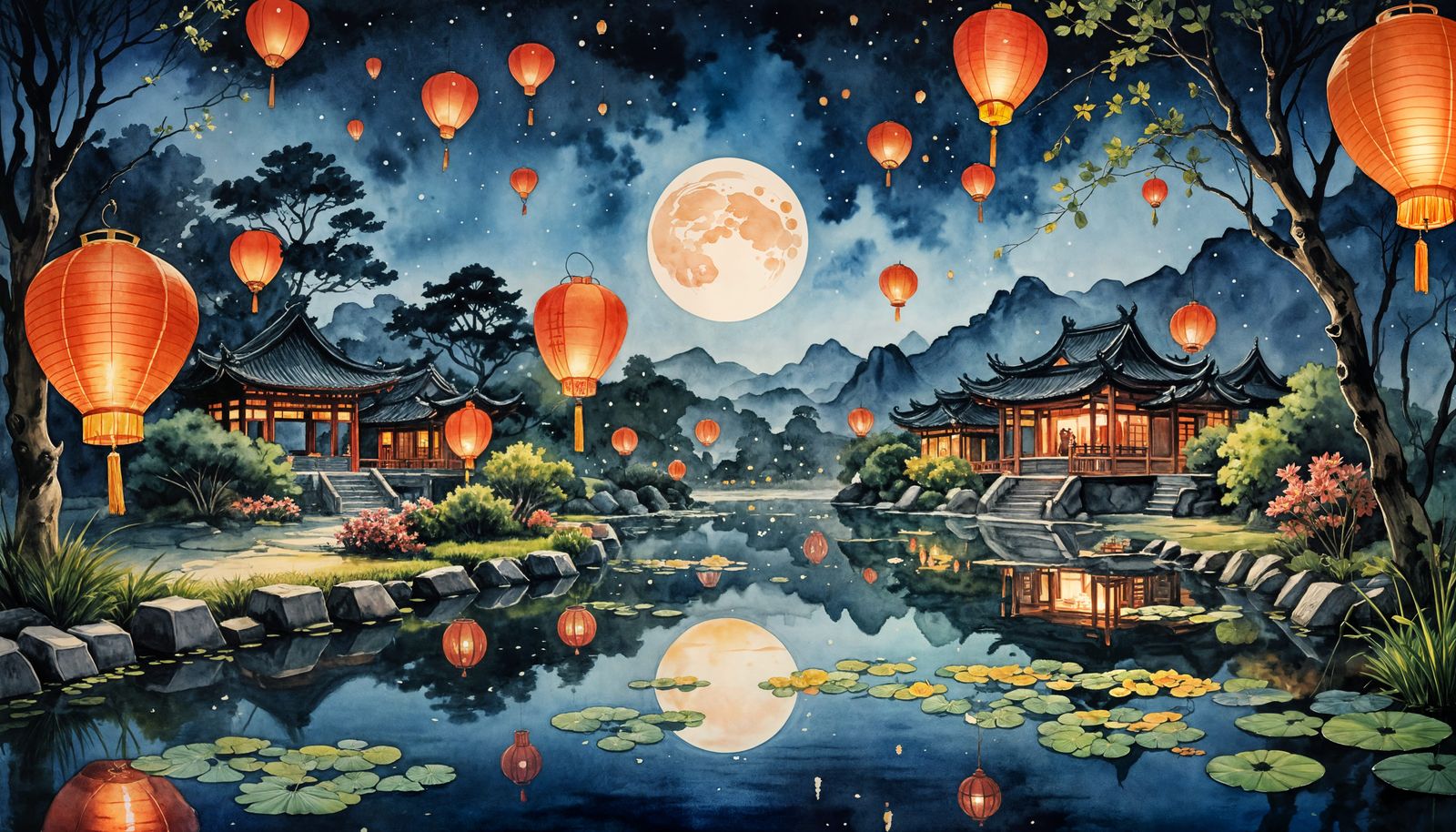 Oriental watercolor painting of a spectacular vistas featuring Chinese Sky lanterns glowing and floating ...  by @Alan