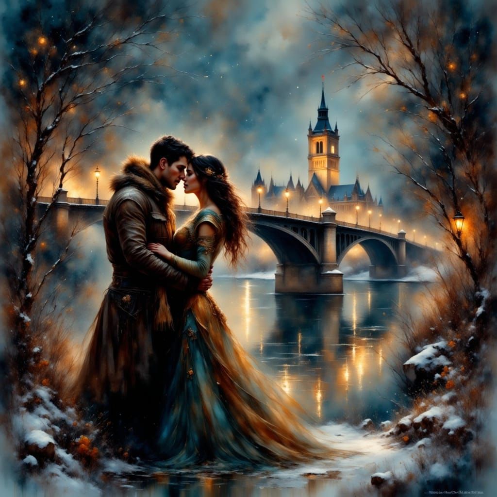 "A hyperre realistic romantic scene of a couple standing very close together on a snowy riverbank at ...  by @MythsCreator