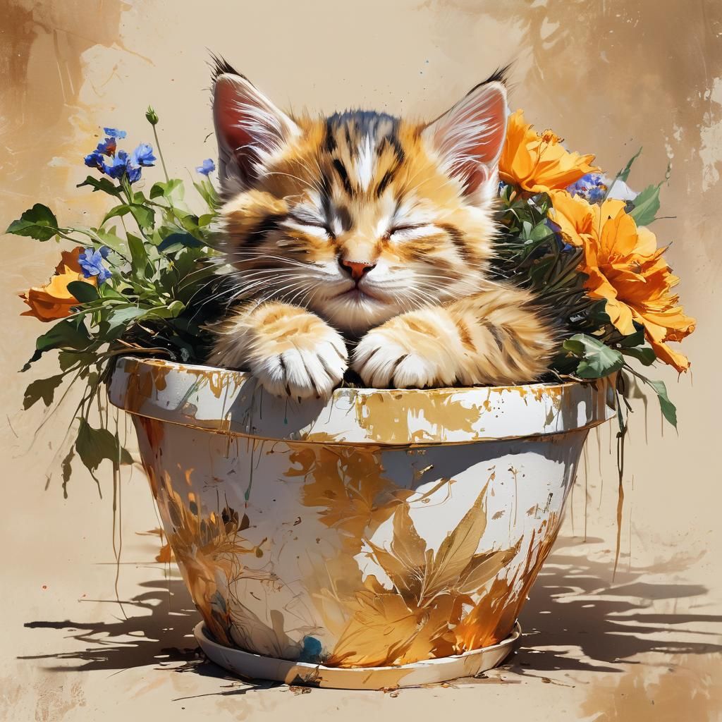 Sleepy kitty in a pot of rosemary  by @BM