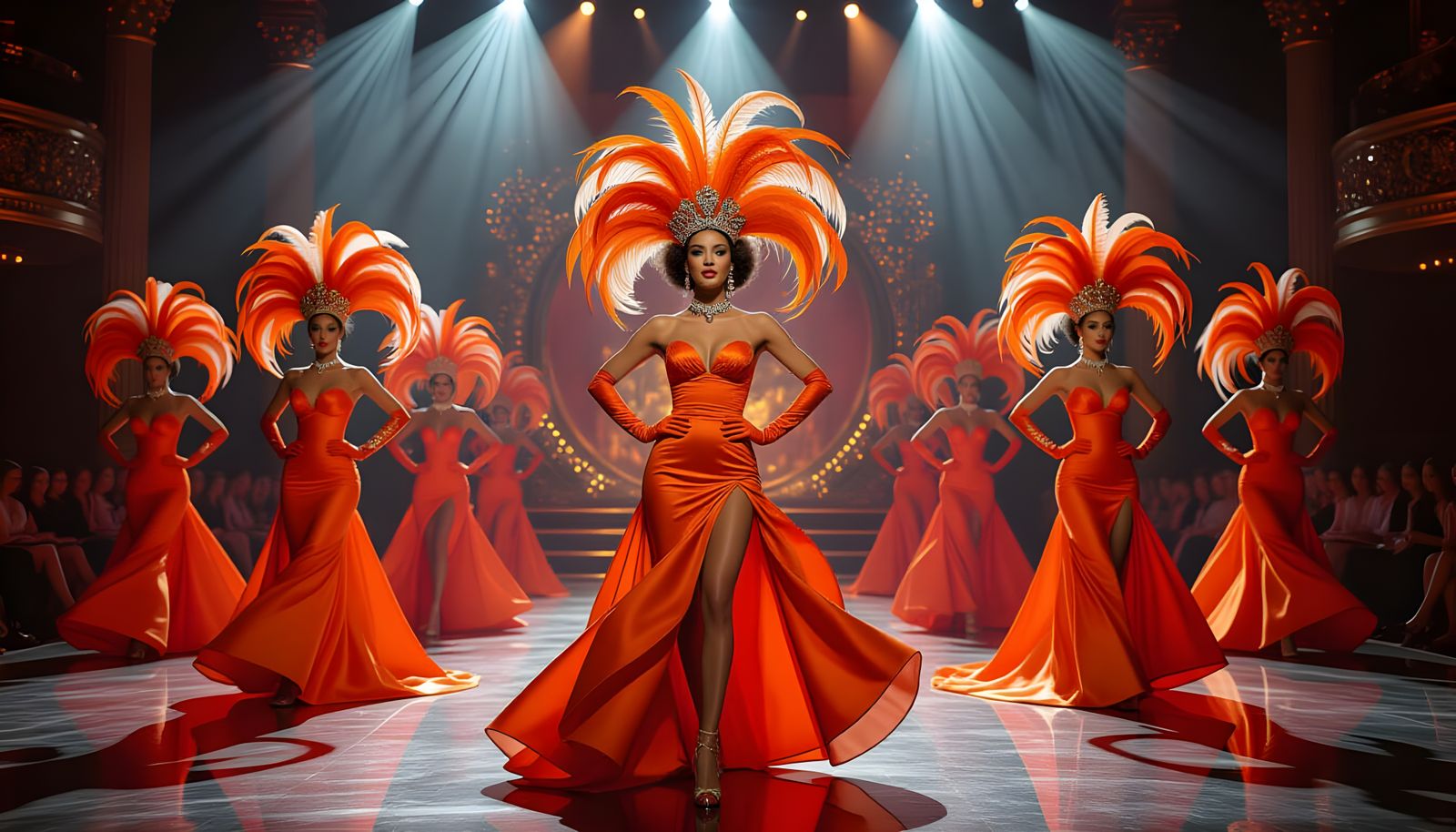 Las Vegas Showgirls Dancing On The Stage Wearing Orange Dresses and Feather Headdresses  by @Mia