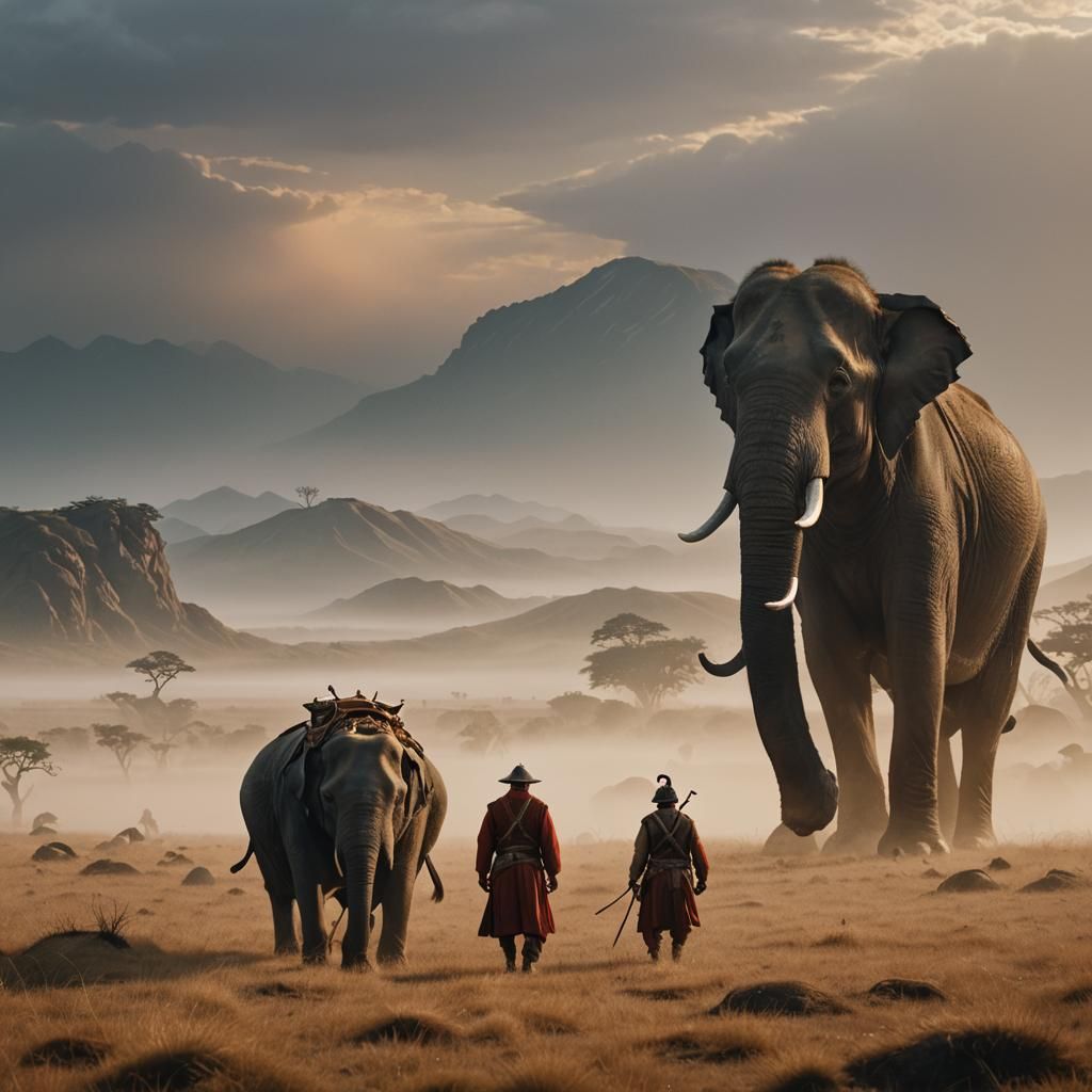 Mongolian Warrior and Elephant in Steppe Landscape
