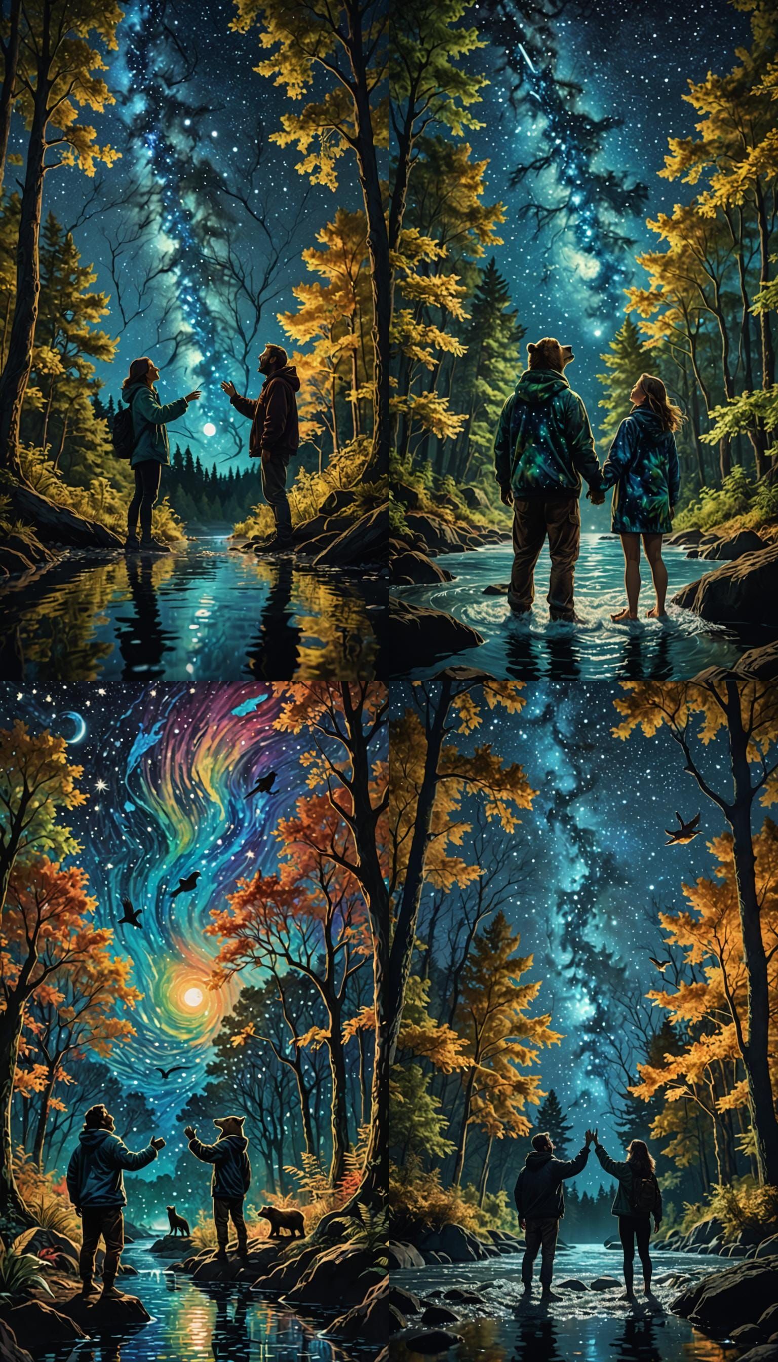 High quality, Full body view, Bear Cave, in a tye-dye forres...
