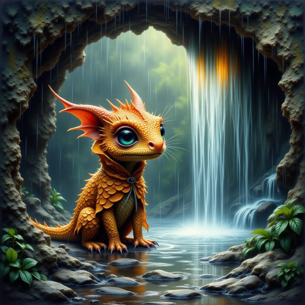 a baby dragon hiding in a small cave. raining. highly detailed impasto painting.<lora:EWS Photorealistic:1.0>