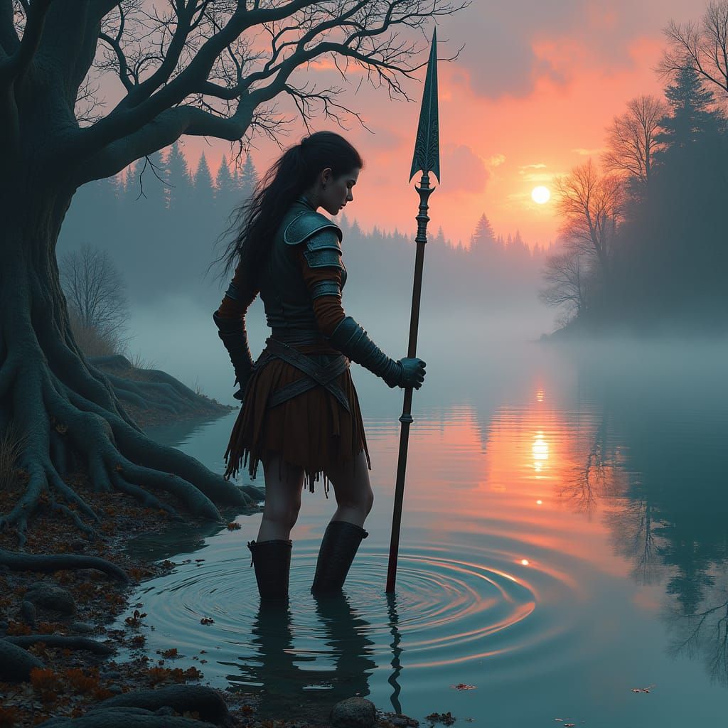 Warrior in Lake: Fantasy Art in Digital Painting Style