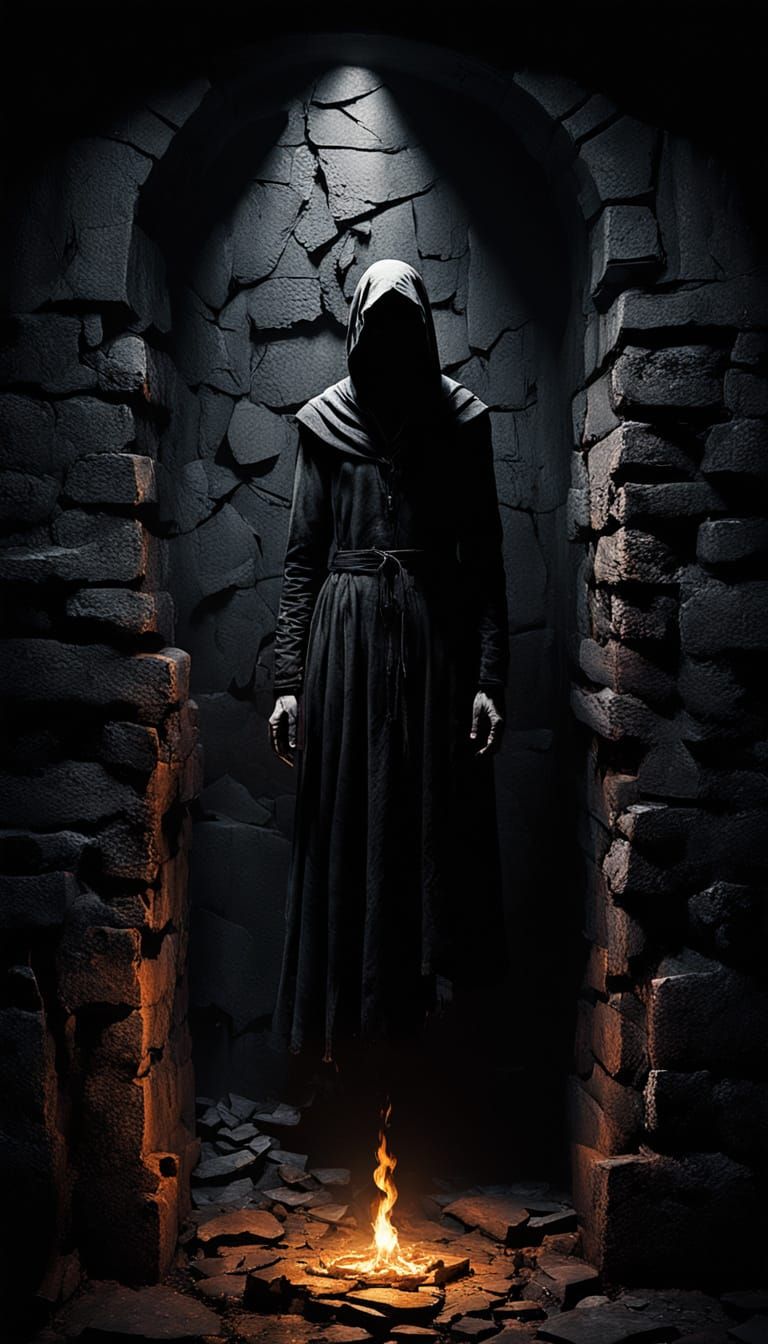 Gothic Horror Shadow Emerging from Stone Wall