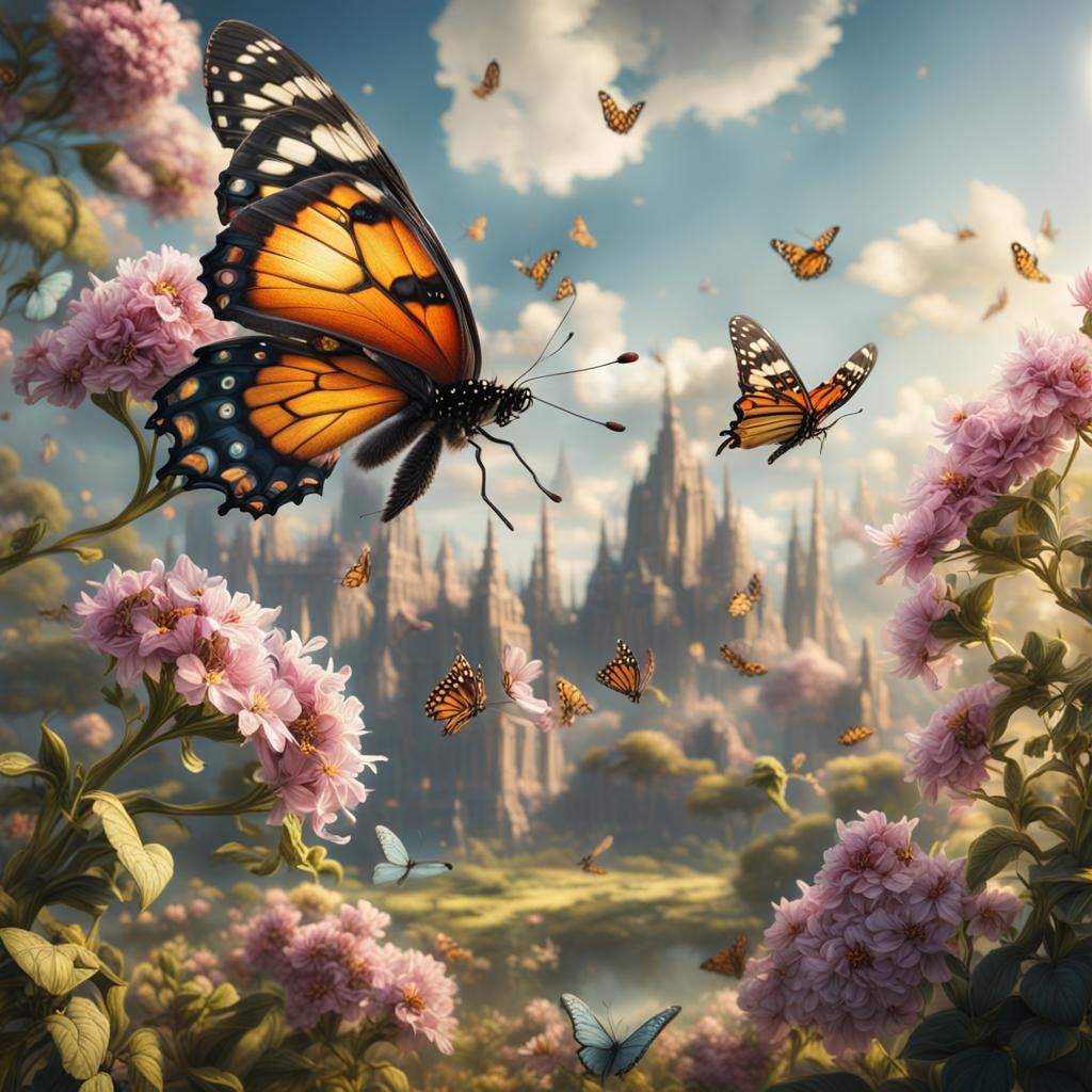 Lovely butterflies gently pollinating the flowers on a beautiful sunny ...