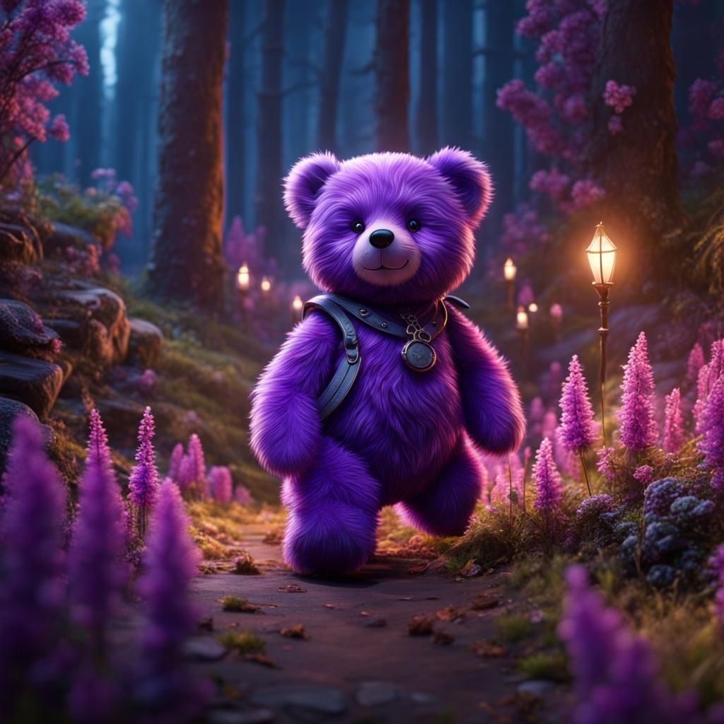 purple teddy bear walking from left to right